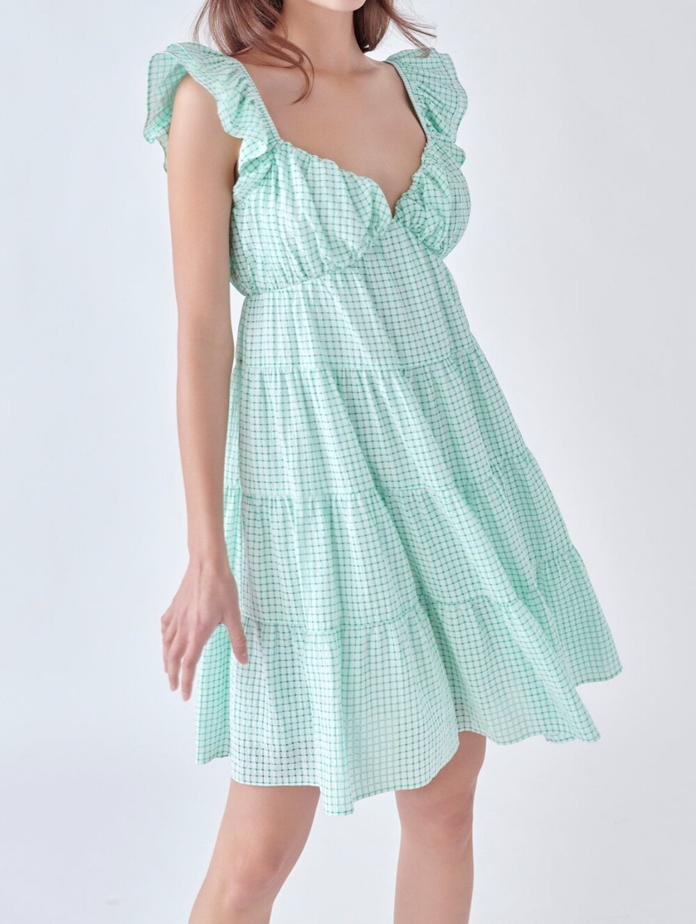 English Factory Green and White Gingham Babydoll Minidress XS